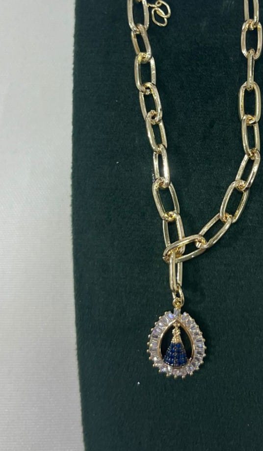 Pulseira Nossa Senhora com Zircônias e Manto Azul Banhado a Ouro