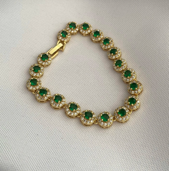 Pulseira Prime Círculos Zircônias Verdes Banhado a Ouro