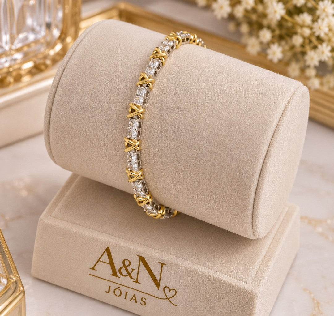 Pulseira Folheada a Ouro 18K e Prata Design X Cravejado