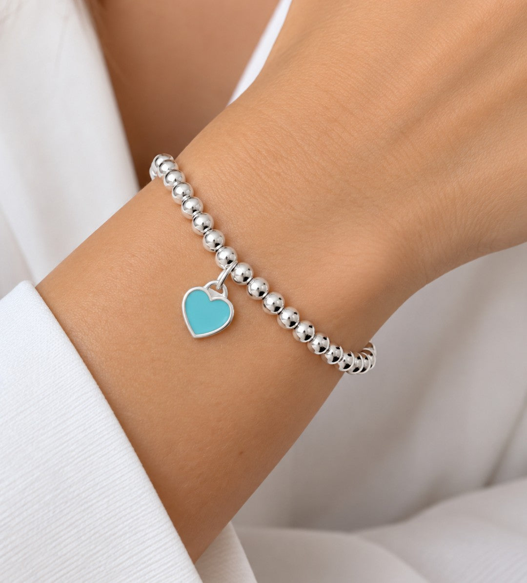 Pulseira de Bolinhas com Corações Verde Tiffany na Prata 925