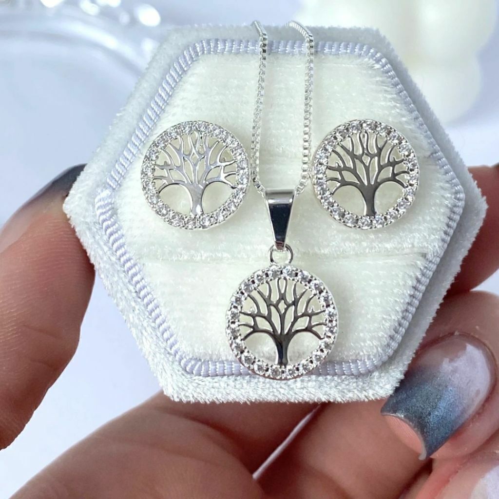 Conjunto prata 925 Brincos + Corrente Arvore da Vida