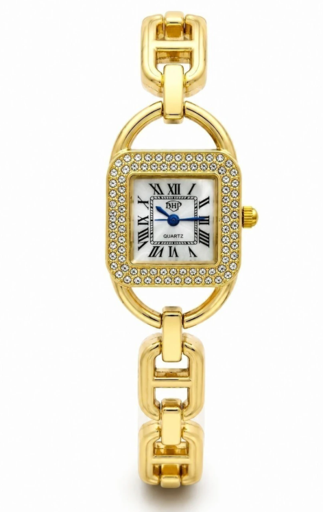 Relógio quadrado com corrente dourado e fundo branco inspiração Ct - a prova d’água