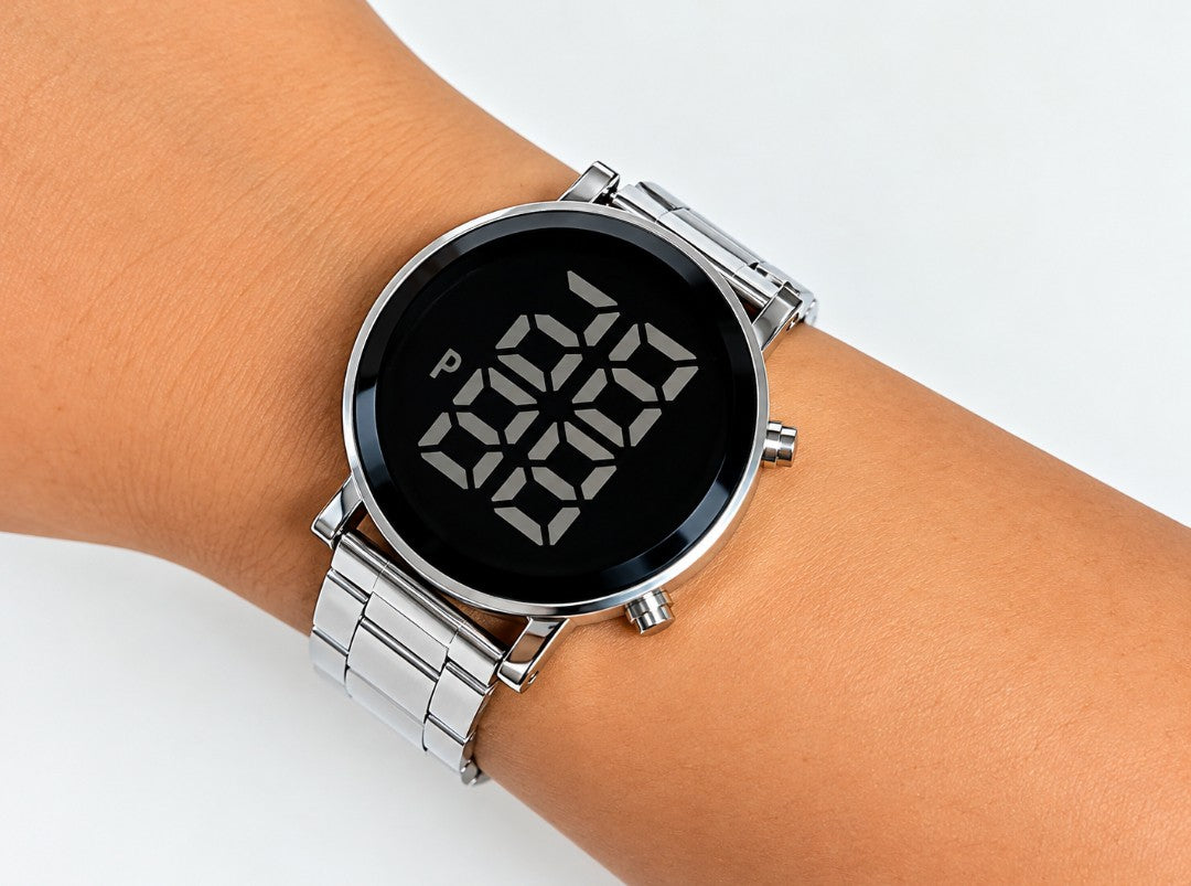 Relógio Feminino Digital Redondo Pulseira de Aço