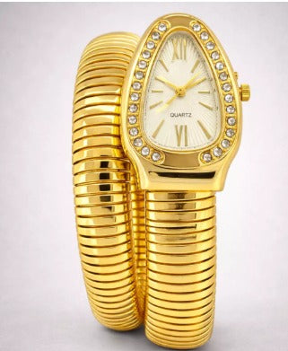 Relógio Feminino Cobra com Pedraria Dourado Fundo Branco