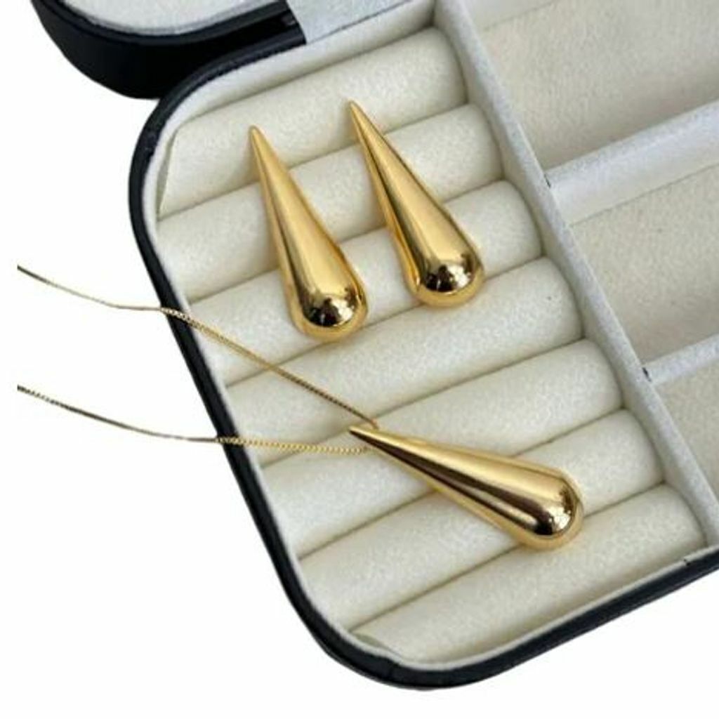 Conjunto Colar + Brinco Gota Longo Grande Banhado a Ouro 18k