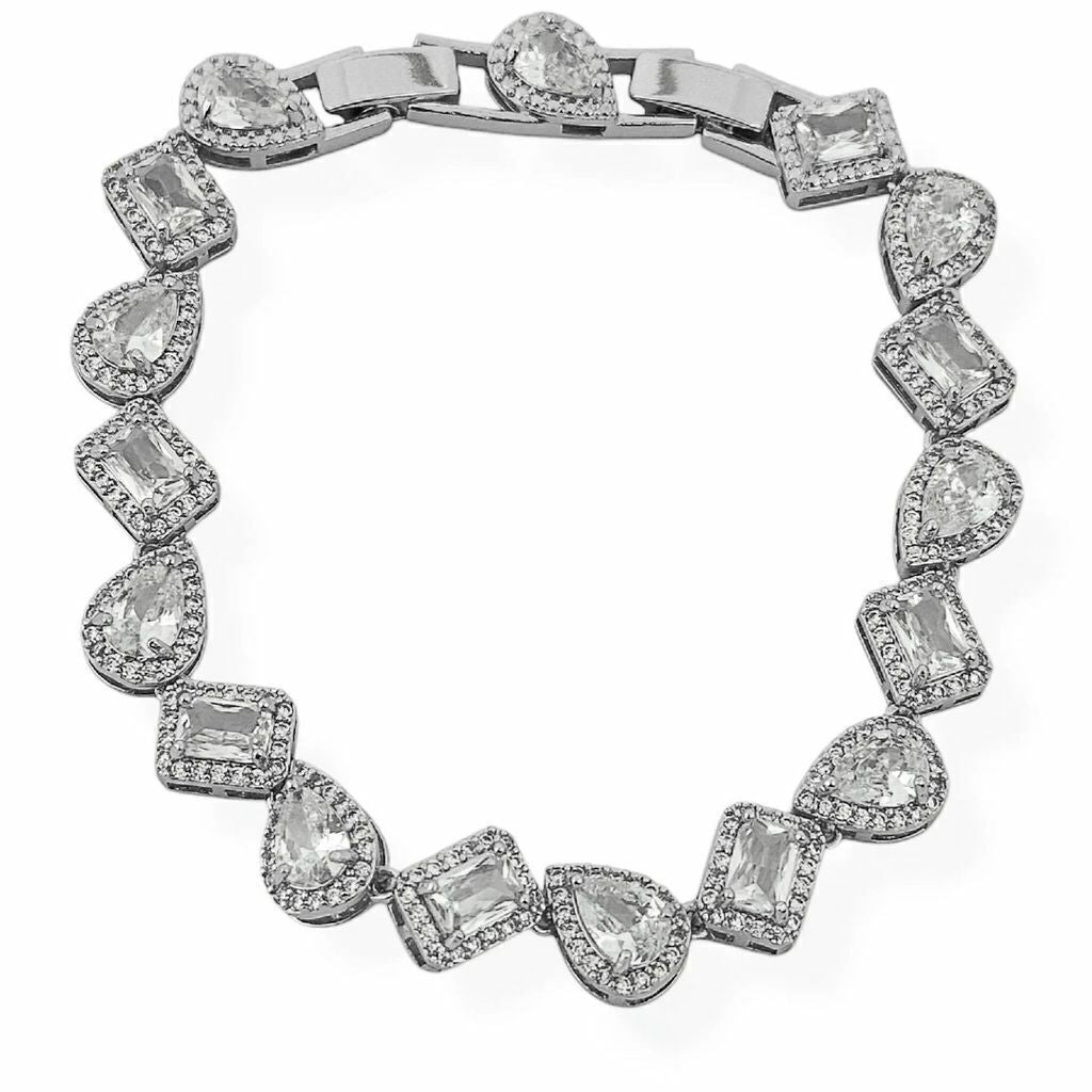 Pulseira Folh. A Prata e Ouro Gotas e Quadrados Cristal