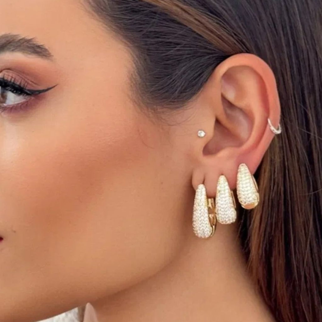 Trio de Brinco Folheado a Ouro 18k e Prata Argola Cravejada e Vazada