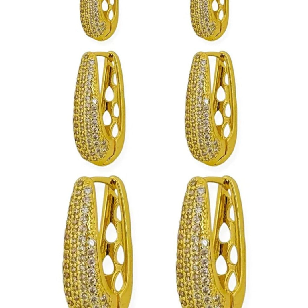 Trio de Brinco Folheado a Ouro 18k e Prata Argola Cravejada e Vazada