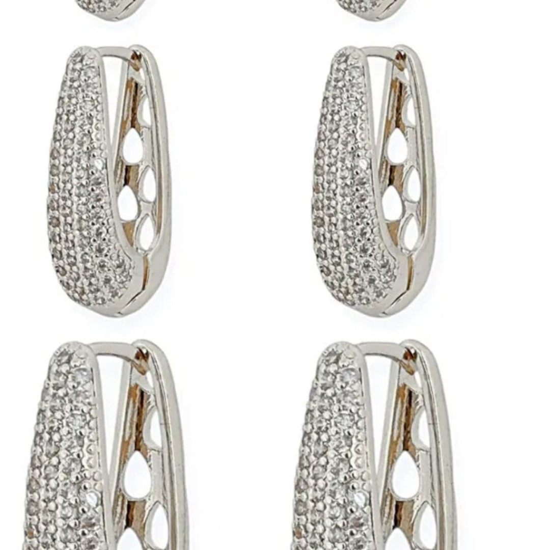 Trio de Brinco Folheado a Ouro 18k e Prata Argola Cravejada e Vazada