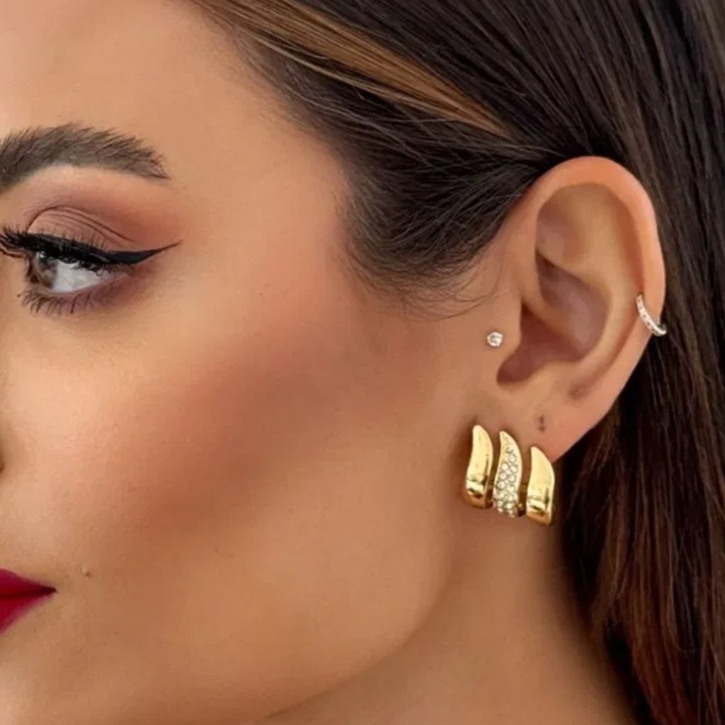 Brinco Fios Orgânicos Lisos e Com Zircônias Ouro