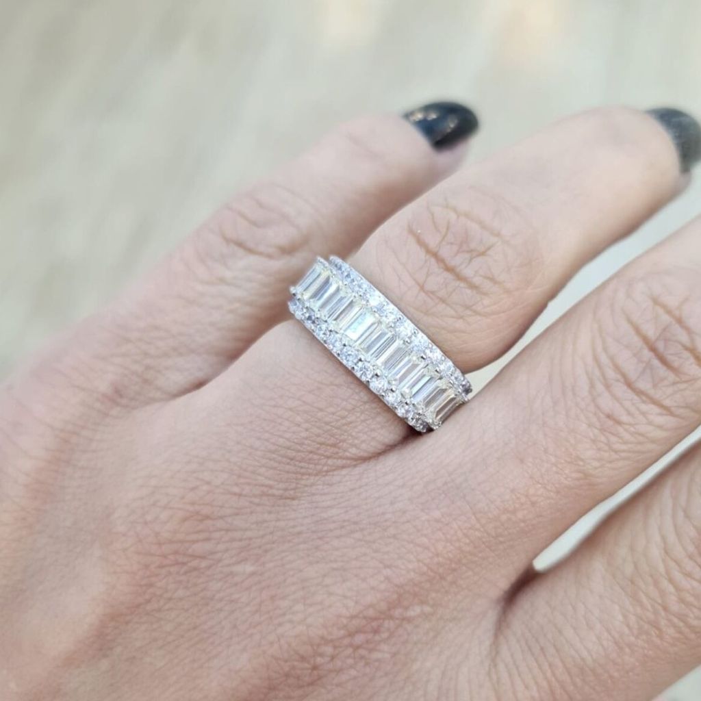 Anel aparador largo Navete e Cravejado prata 925