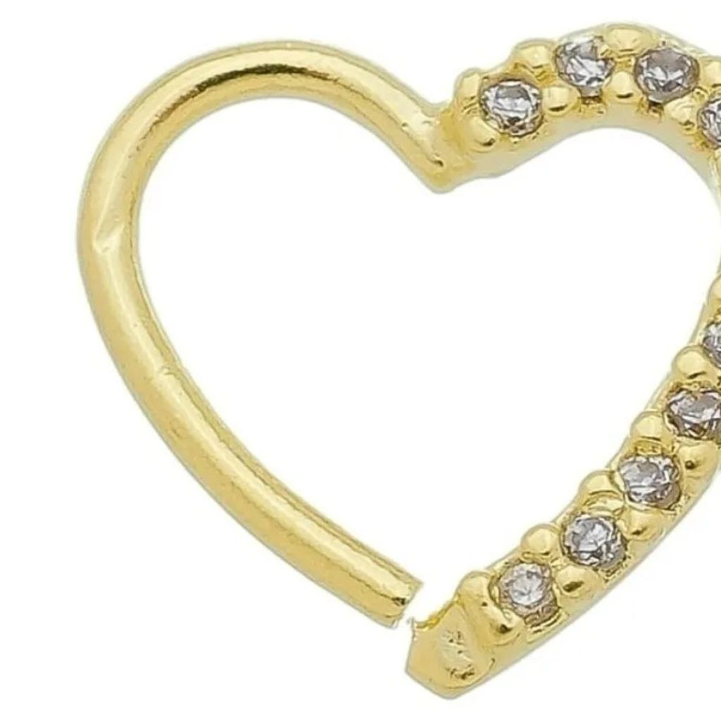 Piercing Coração Cravejado Orelha Esquerda e Direita Banh. Ouro