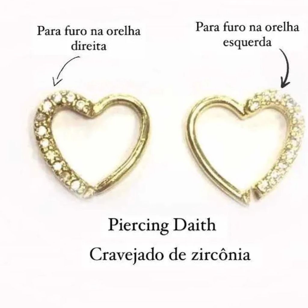 Piercing Coração Cravejado Orelha Esquerda e Direita Banh. Ouro