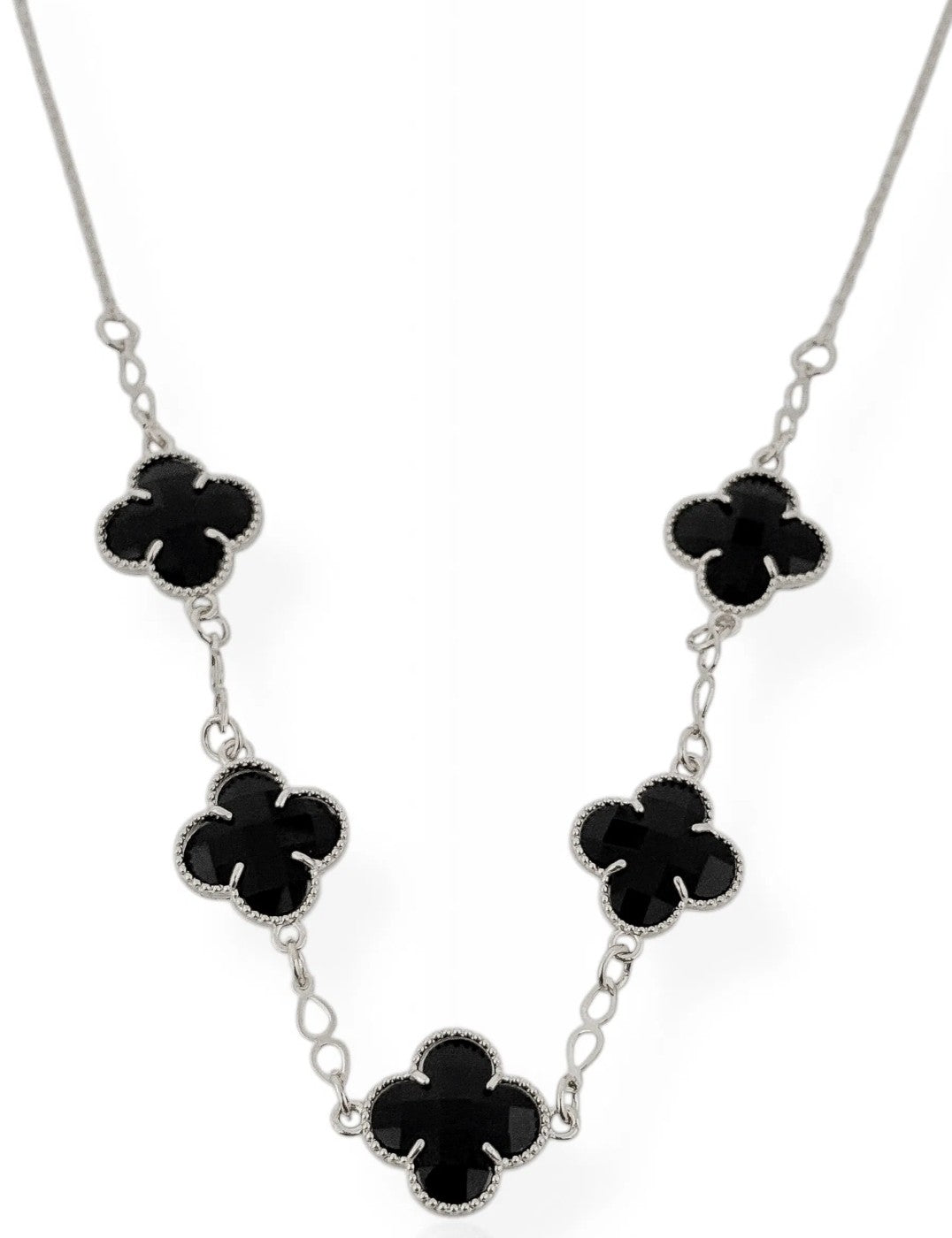 Colar Insp. VG Preta 5 Flores Banhado a Prata
