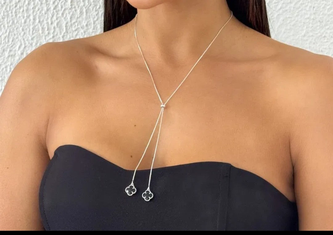 Colar Folheado a Ouro 18k e Prata Estilo Gravata Inspiração Vg. Branco Branco e Preto