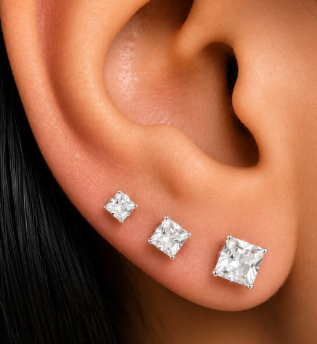 Trio de brincos de prata 925 carré cristal quadrado