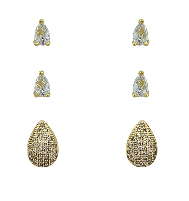 Brinco Trio Gotas Cravejado e com Zircônias Folh. Ouro