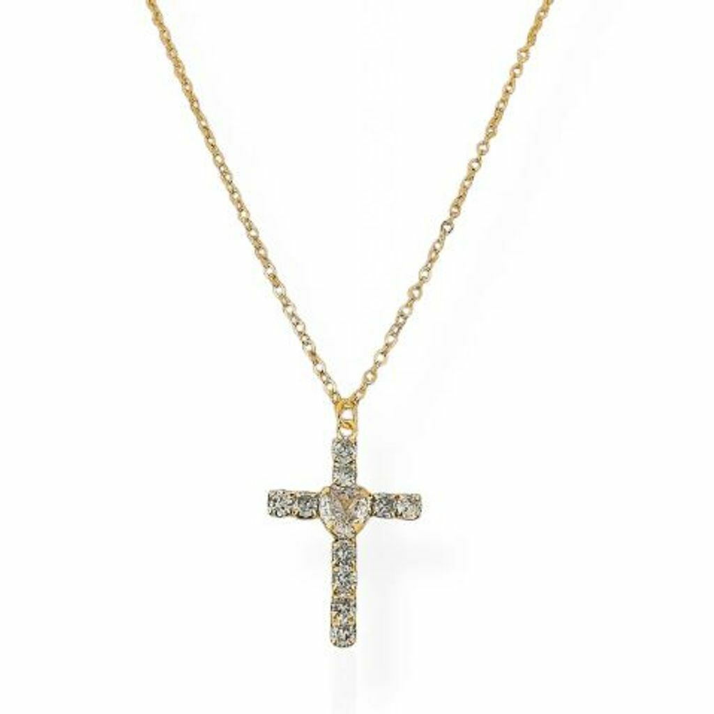 Colar Folheado a Ouro 18k e Prata Cruz Cravejada com Coração Ponto de Luz
