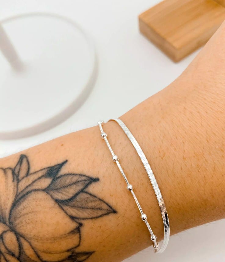 Pulseira Dupla Fita + Rabo Rato com Bolinhas Banhado a Prata 925