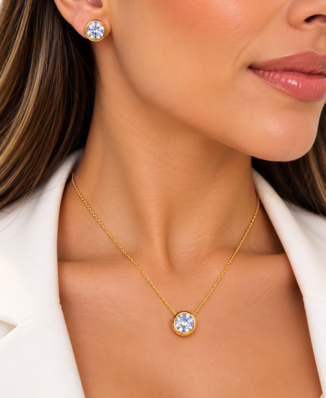 Conjunto Ponto de Luz Redondo Cristal Banhado a Ouro