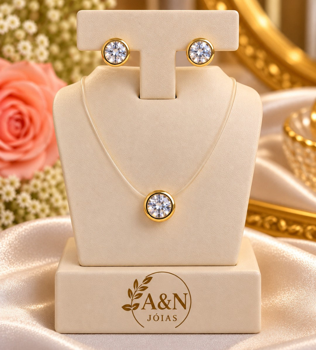 Conjunto Ponto de Luz Redondo Cristal Banhado a Ouro