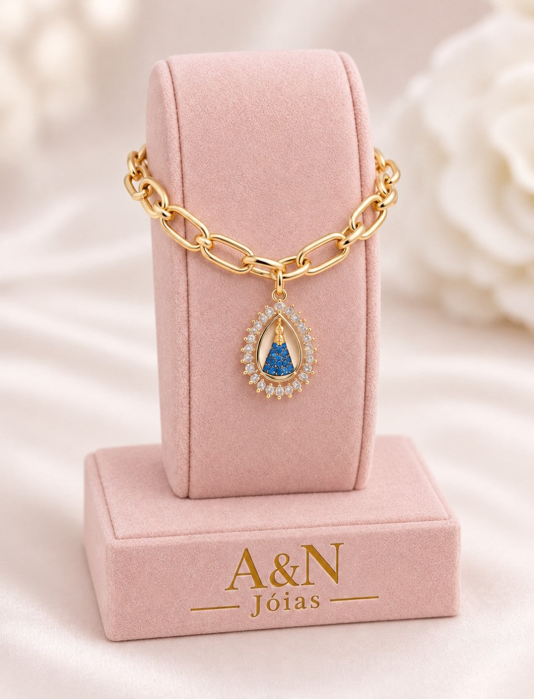 Pulseira Nossa Senhora com Zircônias e Manto Azul Banhado a Ouro