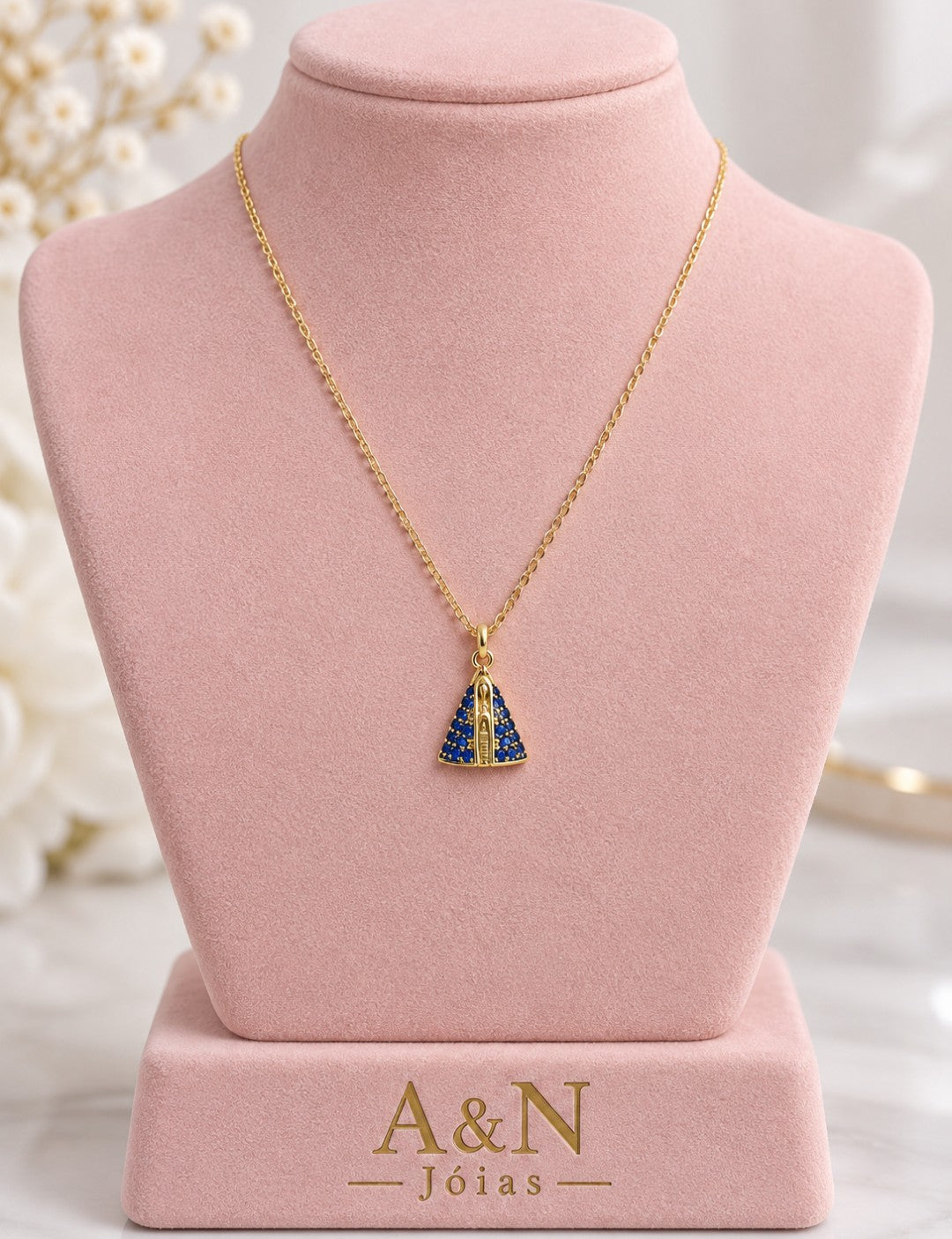 Colar Nossa Senhora Manto Azul Cravejado Banhado a Ouro