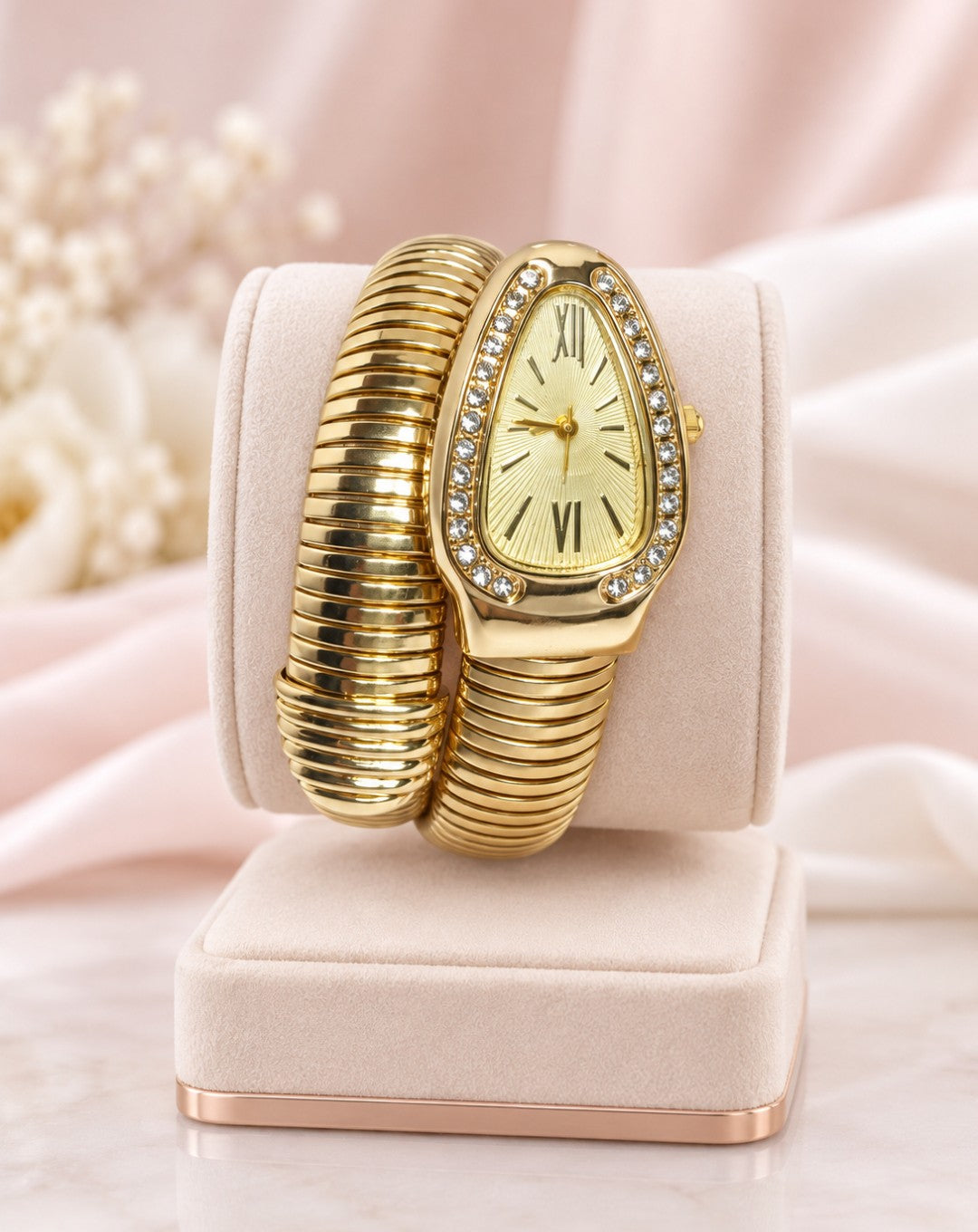 Relógio Feminino Cobra com Pedraria Dourado Fundo Dourado