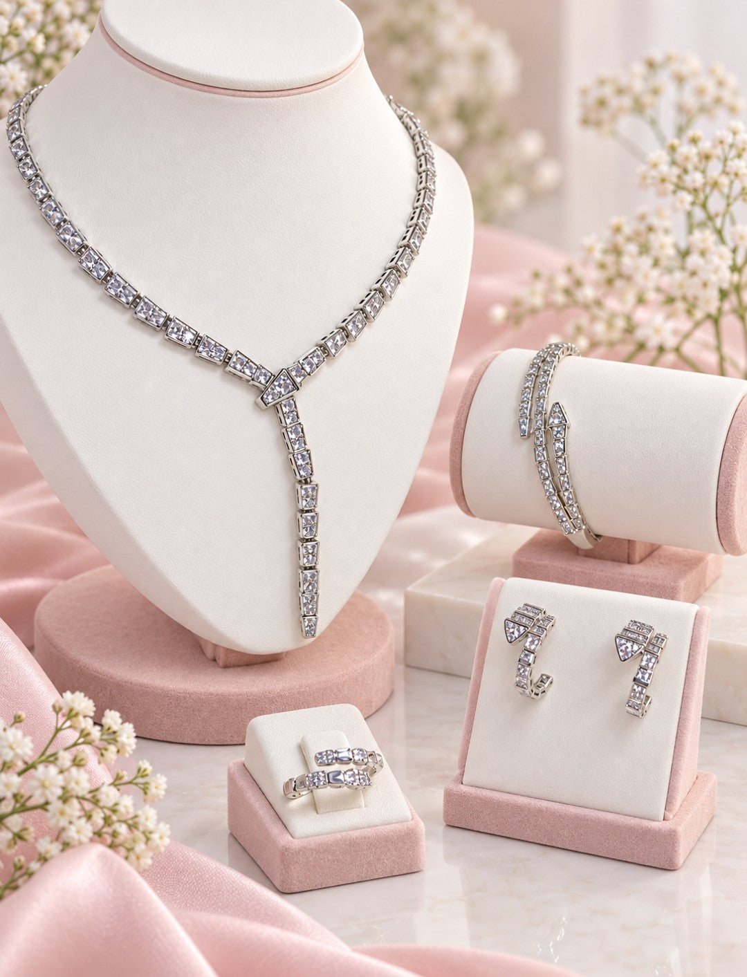 Conjunto Riviera Desing Serpentes Aço Inoxidavel Banhado a Prata