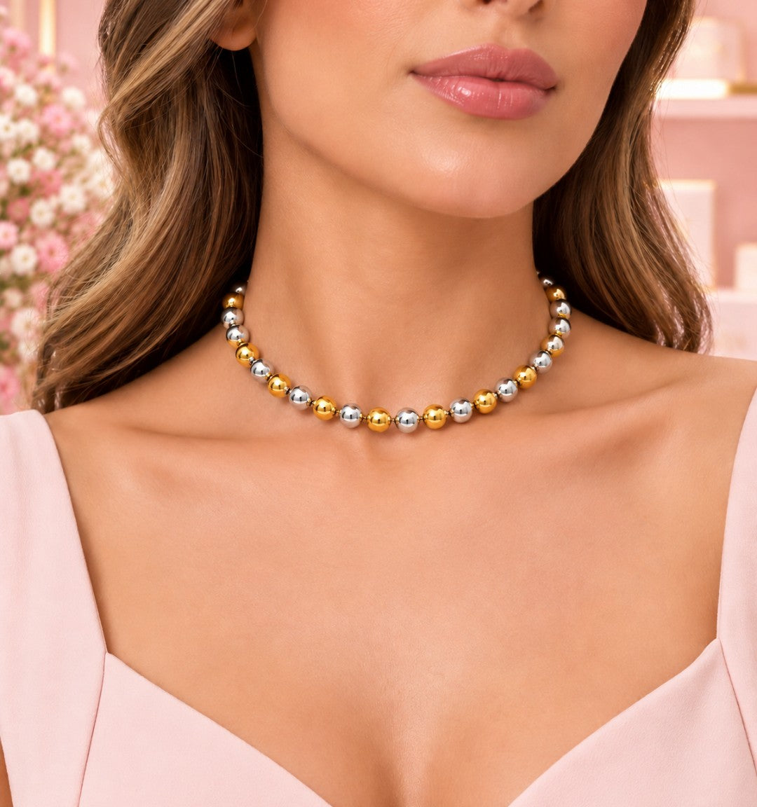 Choker Esferas Mix Banho Ouro e Prata