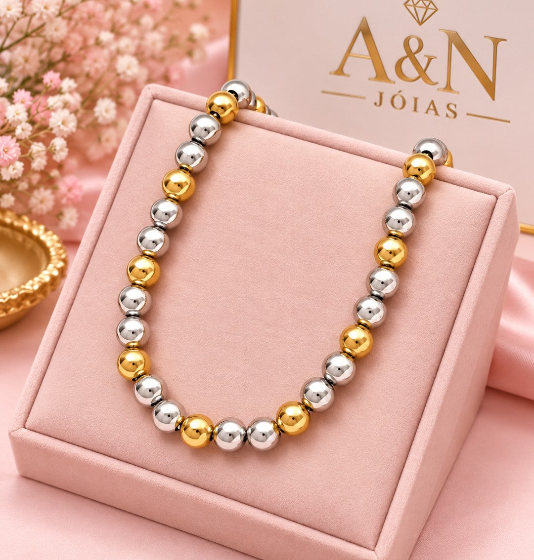 Choker Esferas Mix Banho Ouro e Prata