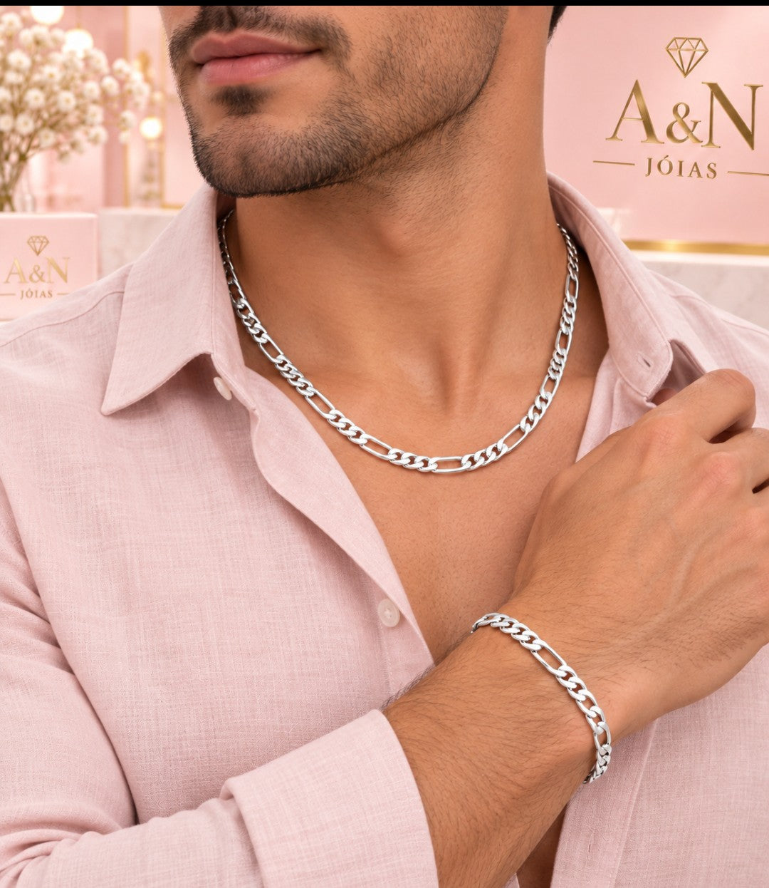 Conjunto de Jóias em prata 925 Corrente e Pulseira de 4mm Masculina Unisex