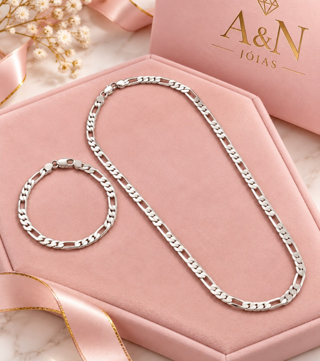 Conjunto de Jóias em prata 925 Corrente e Pulseira de 4mm Masculina Unisex