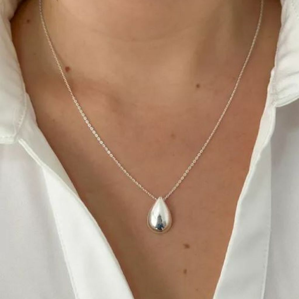 Colar Prata 925 Elos Ovais Pingente Gota Grande Lisa