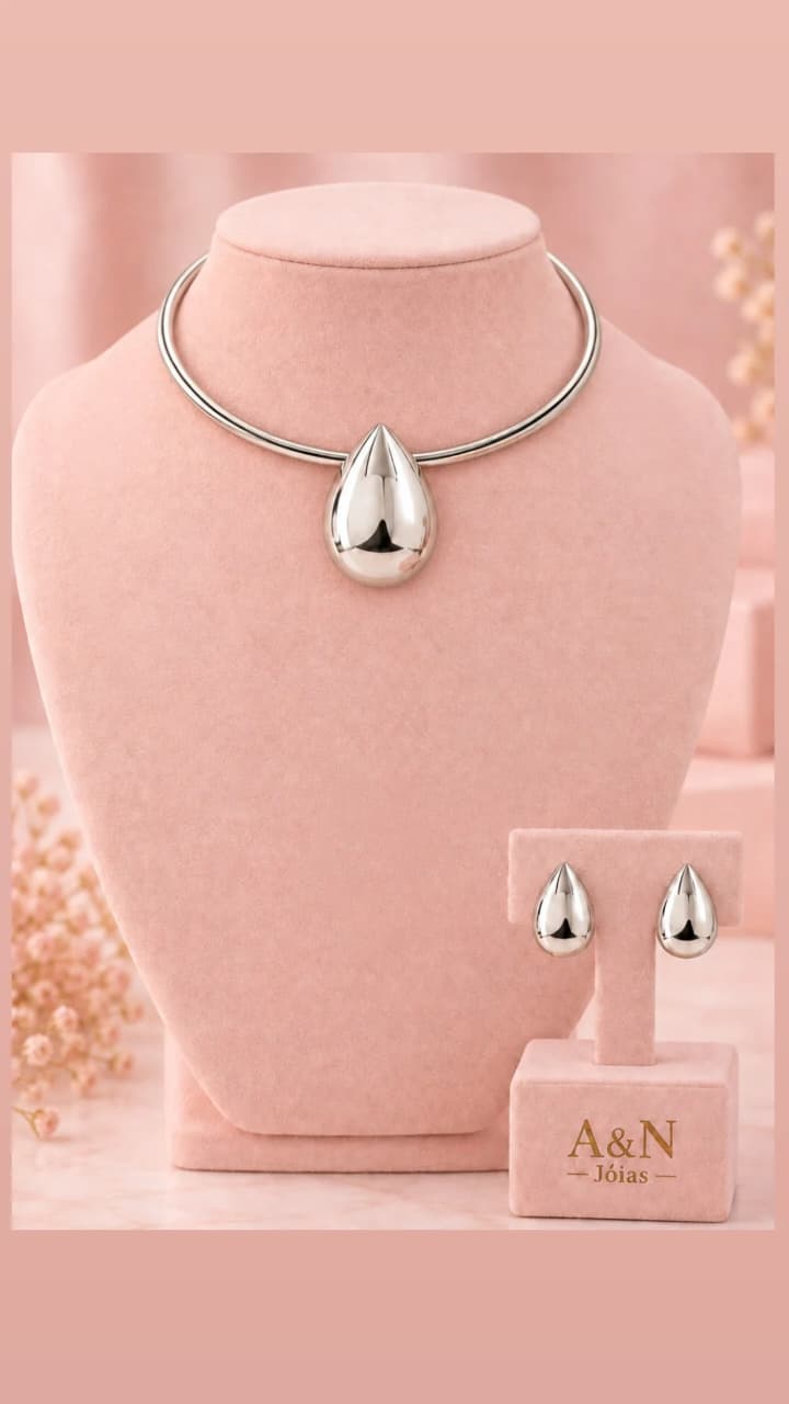 Conjunto Choker Colar e Brinco Gota Folheado a Prata