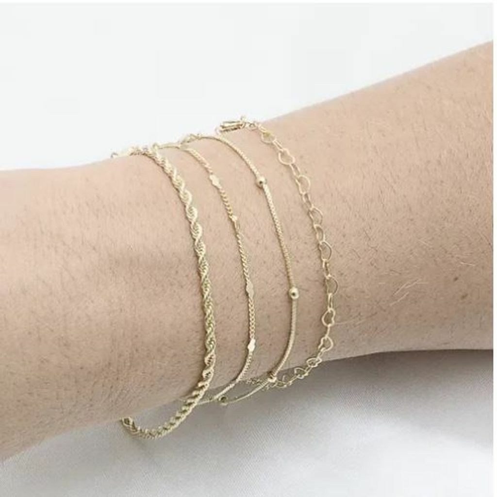 Pulseiras Cordão Baiano, Coração, Corações, Bolinhas com Extensor 20cm Banhado a Ouro 18k