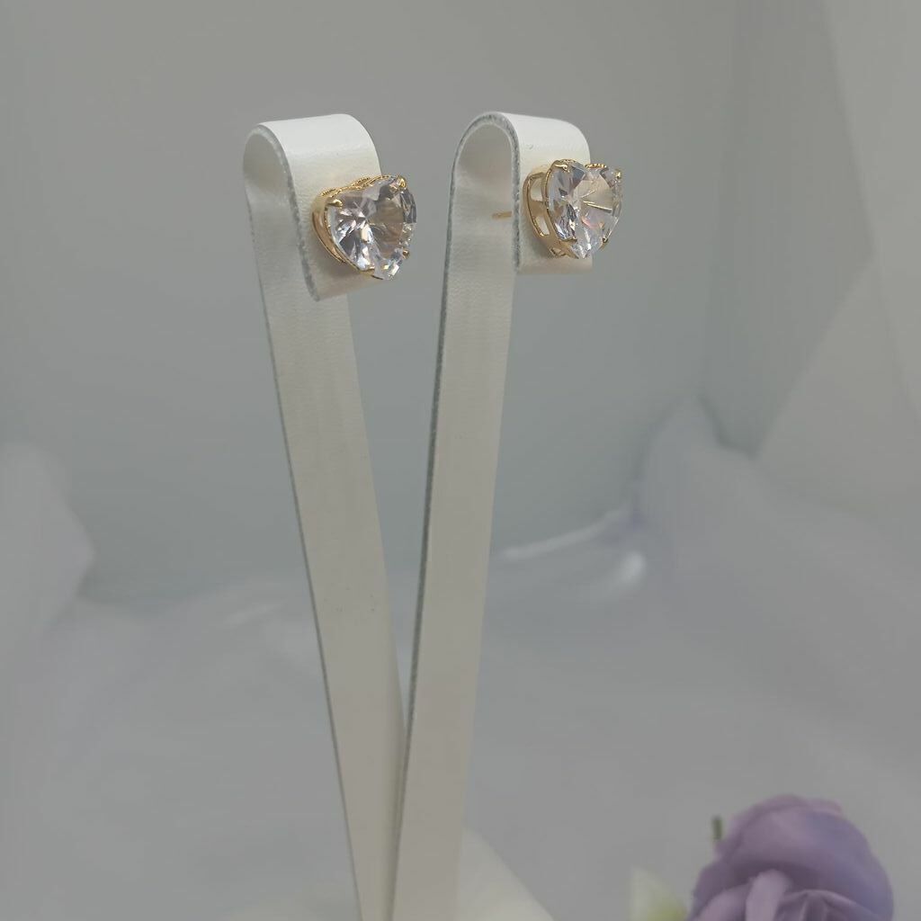 Brinco Coração Grande Pedra Cristal Semi Jóia Ouro 18k
