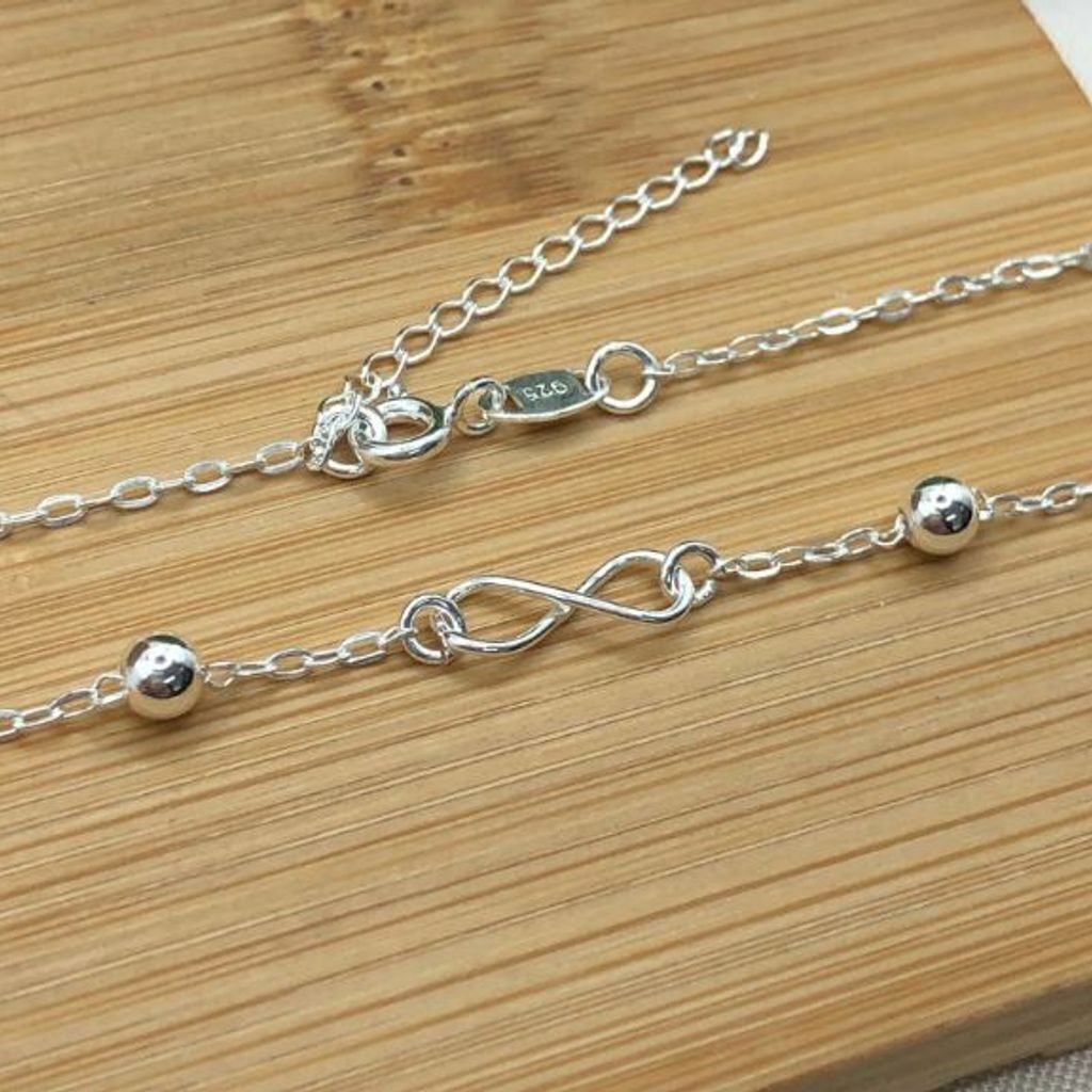 Tornozeleira de prata 925 elo cadeado com infinito e 2 bolinhas