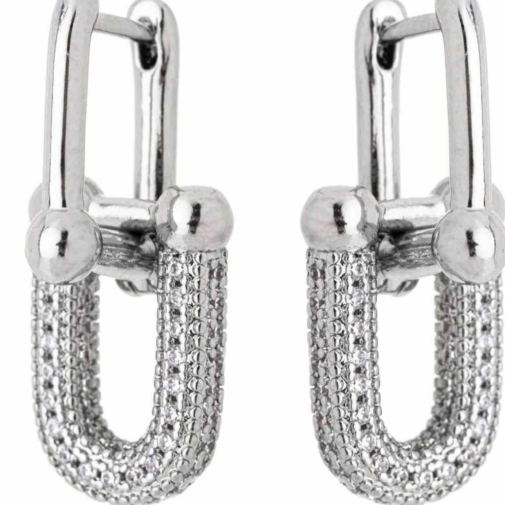 Brinco Argola Elos Corrente Cravejada Inspiração Tiffany Ródio Branco