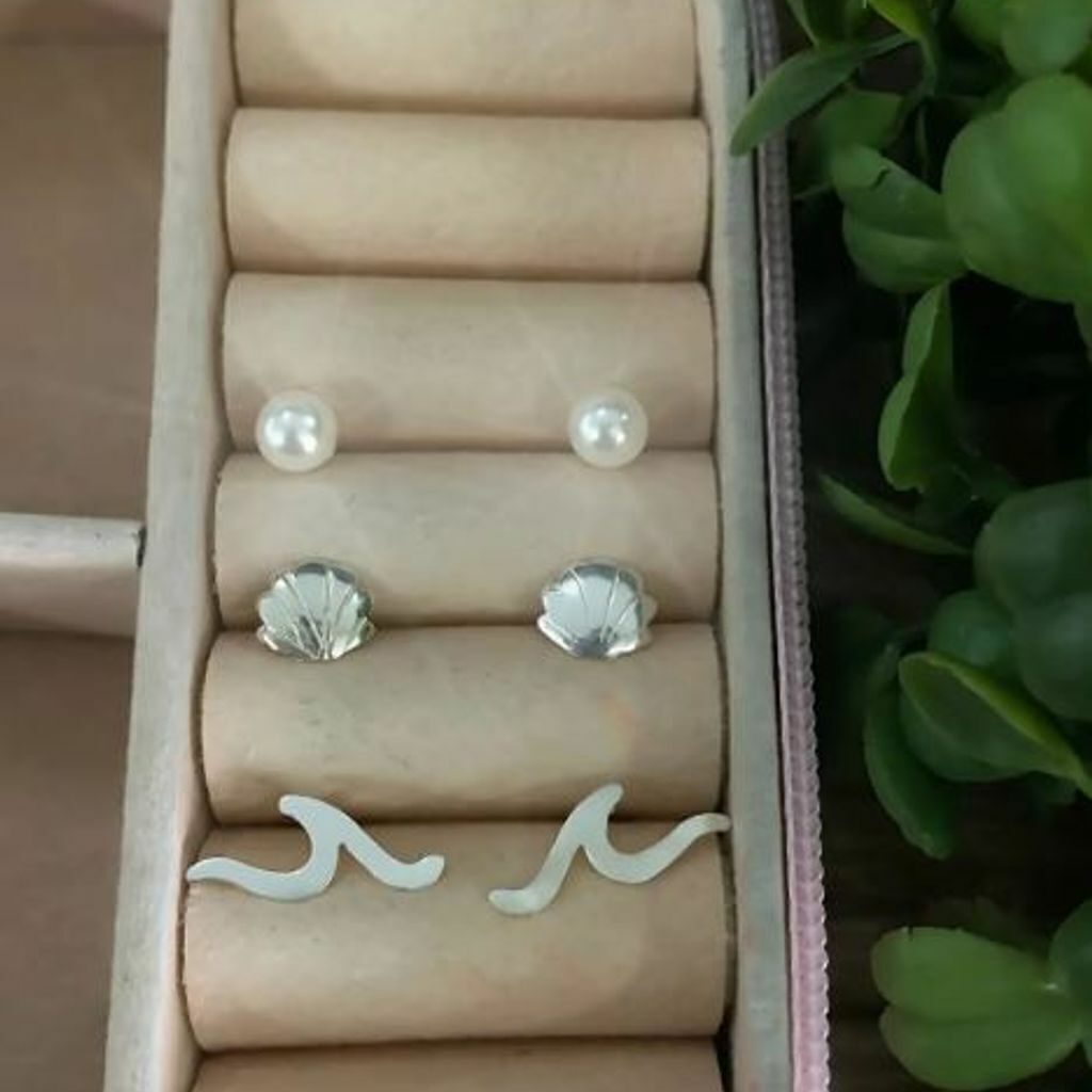 Trio de Brincos Perola Concha Onda em Prata 925