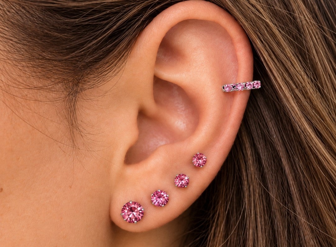 Trio de Brinco e Piercing Folheado e Prata Ponto de Luz Rosa