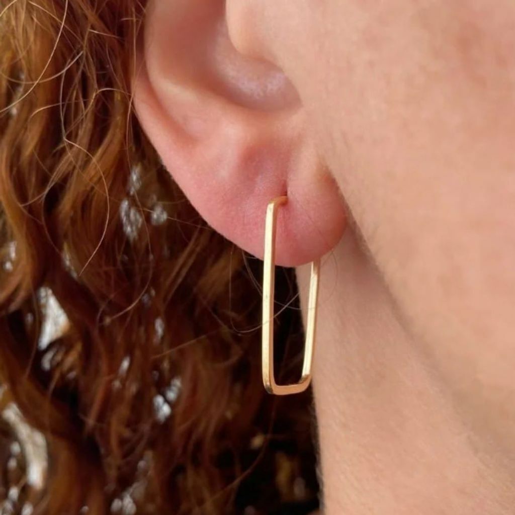 Brinco Semi Jóia Ouro 18k Retangular Fio Quadrado