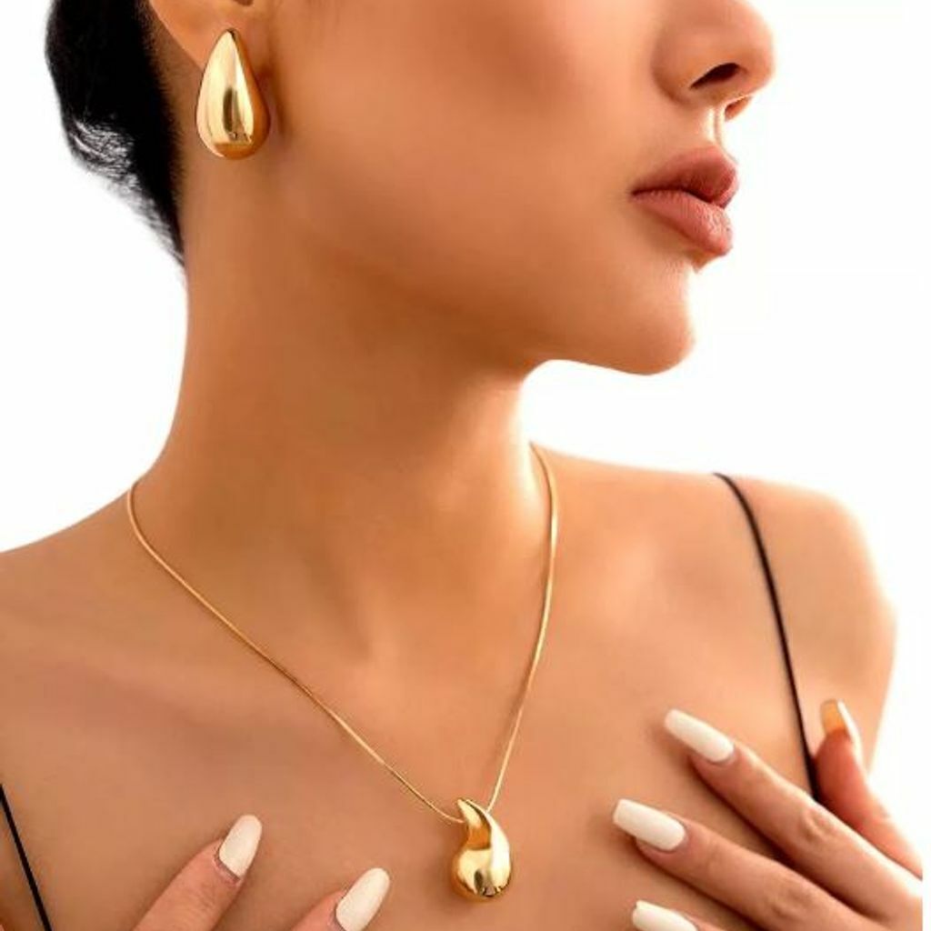 Kit Brinco Colar Conjunto Gota Grif Casamento Folheado Noiva