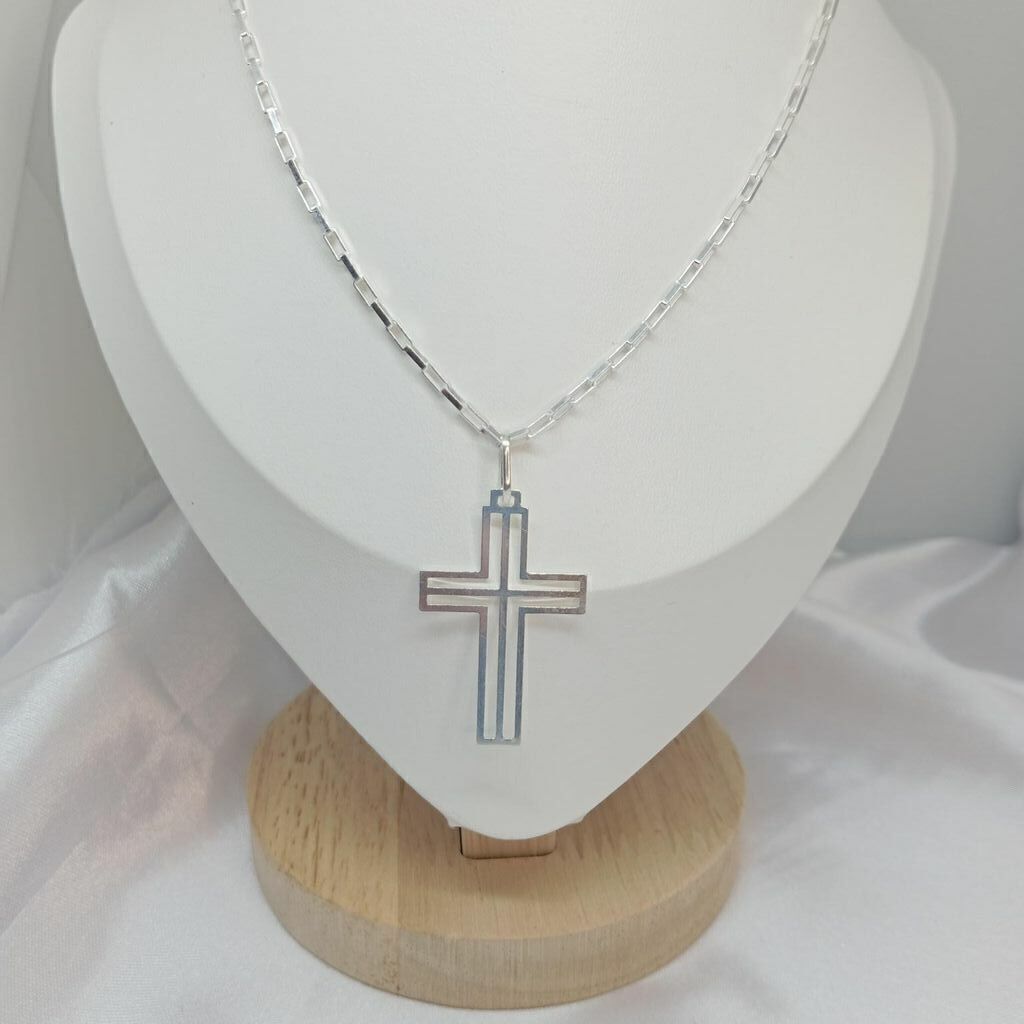 Corrente de prata 925 Cartier 1703 box com Pigente Cruz Vazada fio 35