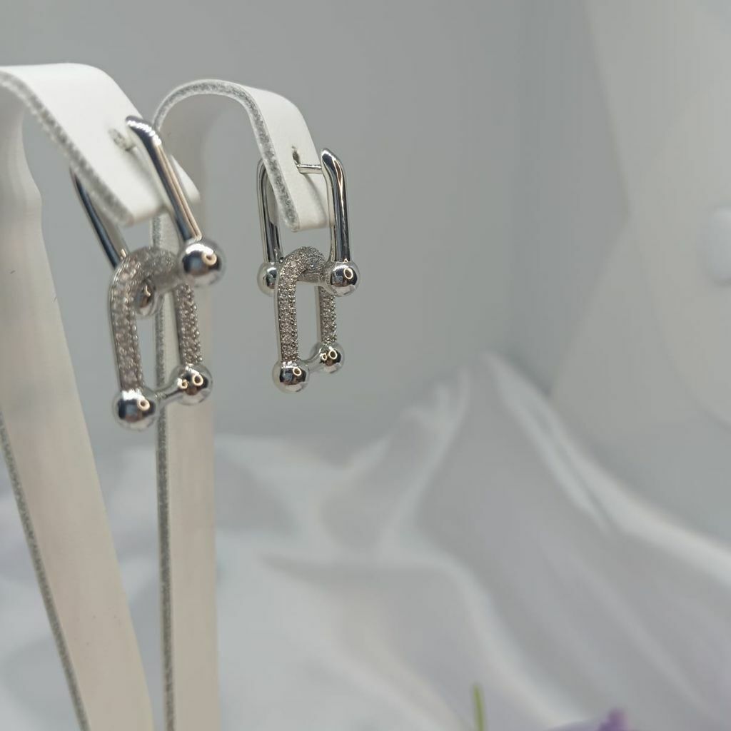Brinco Argola Elos Corrente Cravejada Inspiração Tiffany Ródio Branco