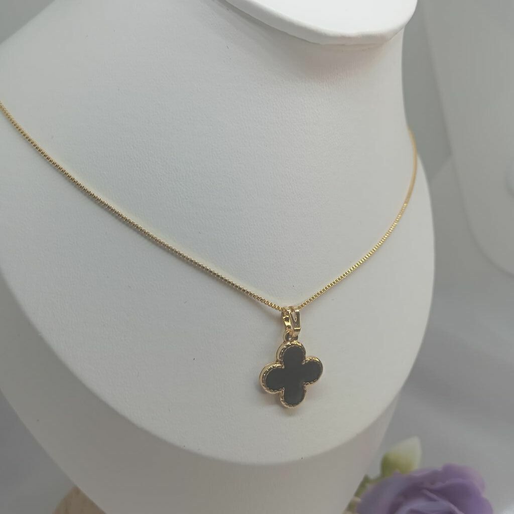 Corrente Trevo Preto Inspiração VG Semi Jóia Ouro 18k 45cm