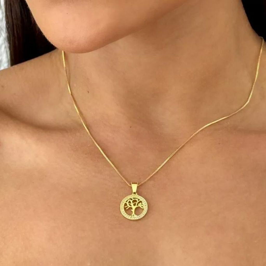 Colar Folheado a Ouro 18k e Prata Com Pingente Árvore da Vida