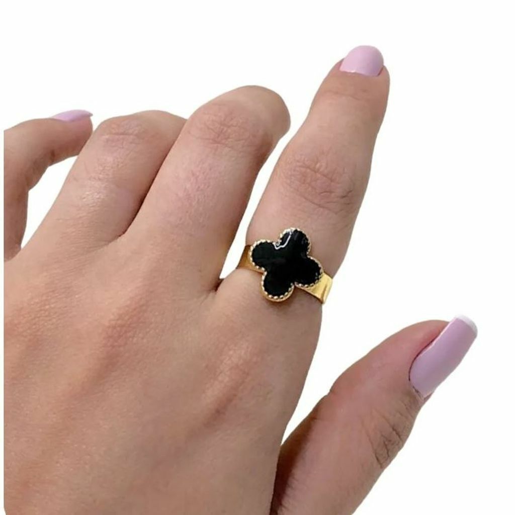Anel Trevo preto Ajustável Inspiração VG Banhado a Ouro 18k