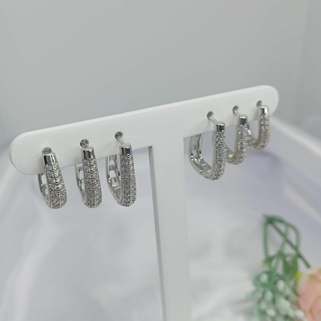 Brinco Trio Argola Retangular click Cravejado Ródio Branco