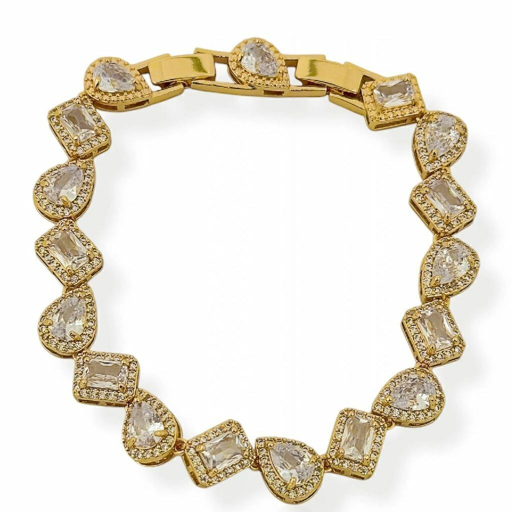 Pulseira Folh. A Prata e Ouro Gotas e Quadrados Cristal